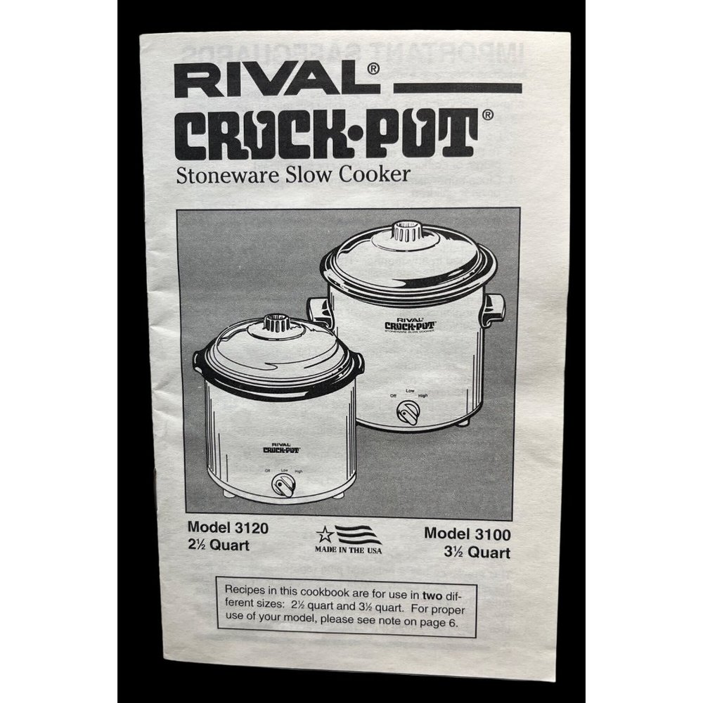 Vintage Rival Crock Pot INSTRUCTION MANUAL ONLY for Model 3100 3120 with Recipes